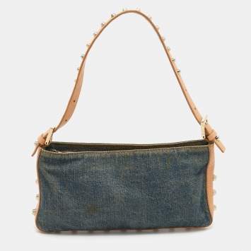 Pre Owned Fendi Blue/Beige Denim and Leather Baguette Bag