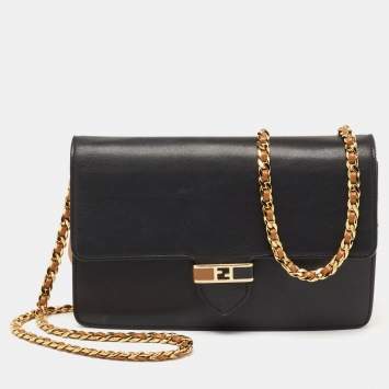 Pre Owned Fendi Black/Tan Leather FF Flap Wallet On Chain 
