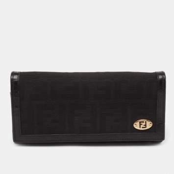 Pre Owned Fendi Black Zucca Canvas and Leather FF Flap Continental Wallet