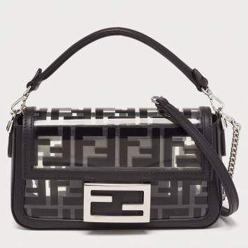 Pre Owned Fendi Black Leather and Zucca PVC Mini Baguette Bag