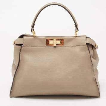 Pre Owned Fendi Beige Leather Medium Peekaboo Top Handle Bag