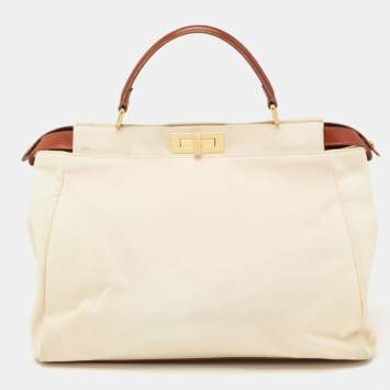 Pre Owned Fendi Cream/Brown Canvas and Leather Large Peekaboo Top Handle Bag