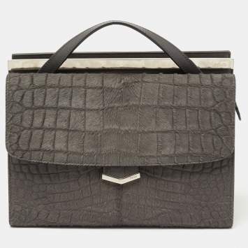 Pre Owned Fendi Grey Croc Pattern Pony Hair and Leather Small Demi Jour Top Handle Bag
