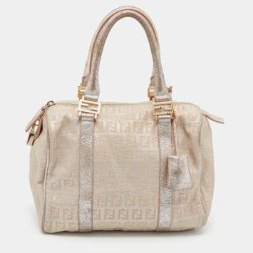 Pre Owned Fendi Beige/Silver Zucchino Canvas and Leather Small Forever Bauletto Boston Bag