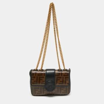 Pre Owned Fendi Tobacco Zucca Coated Canvas and Leather Mini 1974 Double F Shoulder Bag
