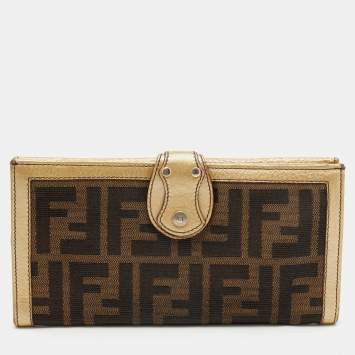 Pre Owned Fendi Brown/Gold Zucca Canvas and Leather Continental Wallet