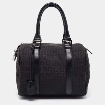 Pre Owned Fendi Black Zucchino Canvas and Leather Forever Bauletto Bag