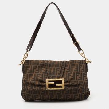 Pre Owned Fendi Tobacco Zucca Canvas And Patent Leather Mia Flap Bag