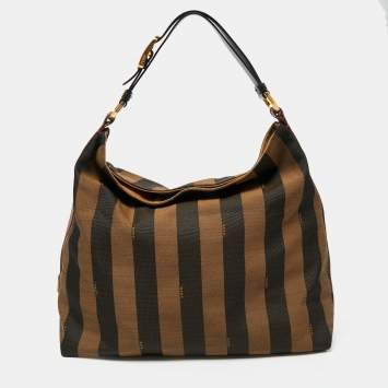 Pre Owned Fendi Tobacco/Black Pequin Striped Canvas And Leather Hobo