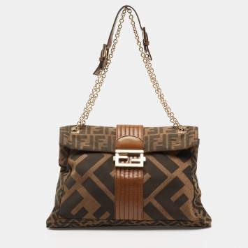 Pre Owned Fendi Tobacco Zucca Canvas and Leather Maxi Baguette Flap Shoulder Bag