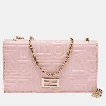 Pre Owned Fendi Pink Embossed Leather Chain Clutch 