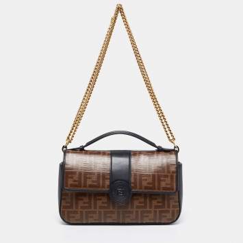 Pre Owned Fendi Tobacco/Black Zucca Coated Canvas and Leather Double F Top Handle Bag