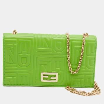Pre Owned Fendi Green Embossed Leather Wallet On Chain