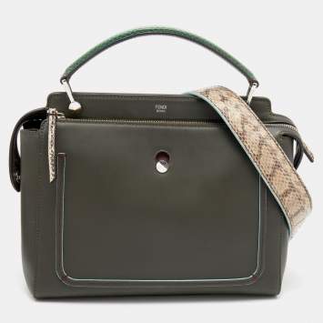 Pre Owned Fendi Olive Green Leather And Python Dot Com Top Handle Bag