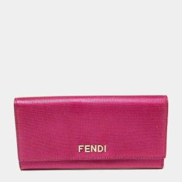 Pre Owned Fendi Fuchsia Leather Logo Flap Continental Wallet