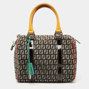 Pre Owned Fendi Multicolor Zucchino Canvas And Patent Leather Small Boston Bag