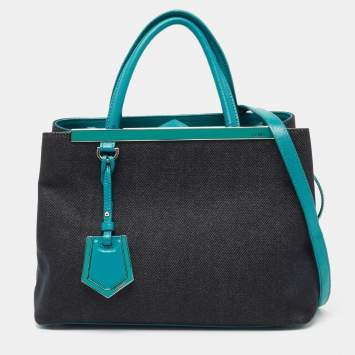 Pre Owned Fendi Navy Blue/Teal Blue Denim And Leather Petite 2Jours Tote