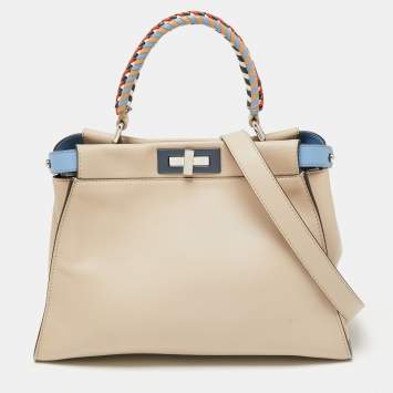 Pre Owned Fendi Light Beige Leather Peekaboo Braided Top Handle Bag
