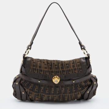 Pre Owned Fendi Tobacco Zucca Canvas Plisse Chef Shoulder Bag