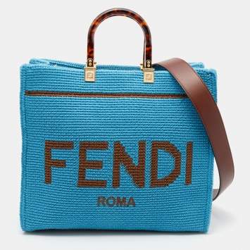 Pre Owned Fendi Blue/Brown Cotton Crochet Sunshine Tote 