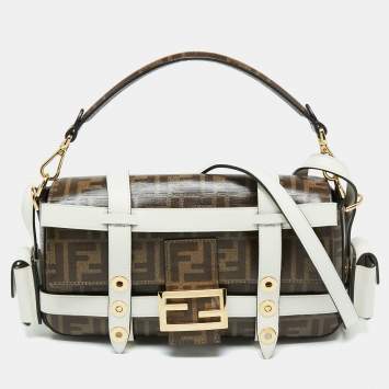 Pre Owned Fendi Brown/White Zucca Coated Canvas And Leather Caged Baguette Bag