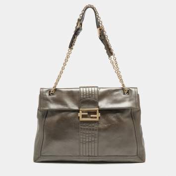 Pre Owned Fendi Metallic Grey Leather Maxi Studded Baguette Flap Shoulder Bag