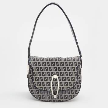 Pre Owned Fendi Navy Blue/Grey FF Canvas And Leather Flap Shoulder Bag