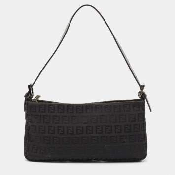 Pre Owned Fendi Black Zucchino Fabric and Leather Baguette Bag