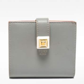 Pre Owned Fendi Grey Leather Stud French Compact Wallet