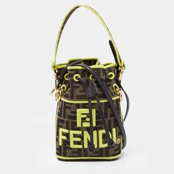 Pre Owned Fendi Brown/Neon Green Zucca Canvas and Leather Mini Mon Tresor Drawstring Bucket Bag