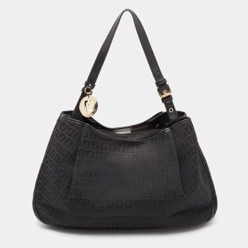 Pre Owned Fendi Black Zucchino Canvas and Leather Charm Shoulder Bag