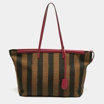 Pre Owned Fendi Tobacco/Pink Pequin Canvas and Leather Roll Tote