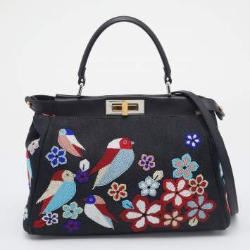 Pre Owned Fendi Dark Blue Denim and Leather QuTweet Beaded Medium Peekaboo Top Handle Bag