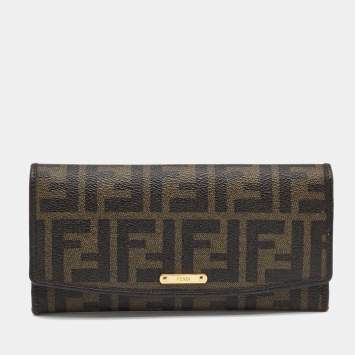 Pre Owned Fendi Tobacco Zucca Coated Canvas and Leather Flap Continental Wallet