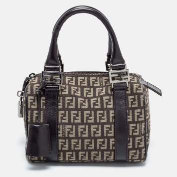 Pre Owned Fendi Beige/Brown Zucchino Canvas and Leather Mini Forever Bauletto Bag