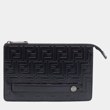 Pre Owned Fendi Black Zucca Embossed Leather Flat Pouch