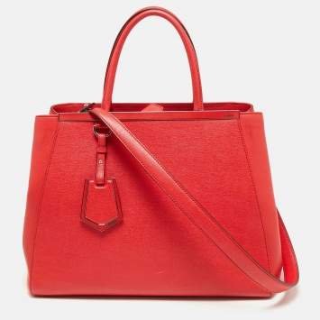 Pre Owned Fendi Coral Red Leather Medium 2Jours Tote