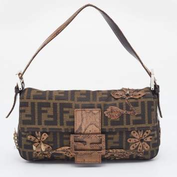 Pre Owned Fendi Tobacco Zucca Canvas And Karung Leather Embellished Baguette Bag