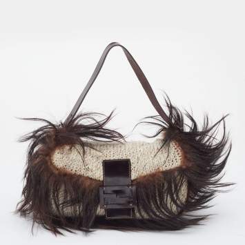 Pre Owned Fendi Beige/Brown Wool And Feather Mama Baguette 