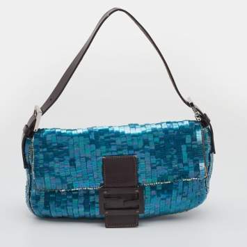 Pre Owned Fendi Blue/Brown Sequin And Leather Baguette 