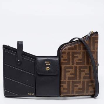 Pre Owned Fendi Black/Tobacco Zucca Coated Canvas and Leather Business 3 Pocket Crossbody Bag