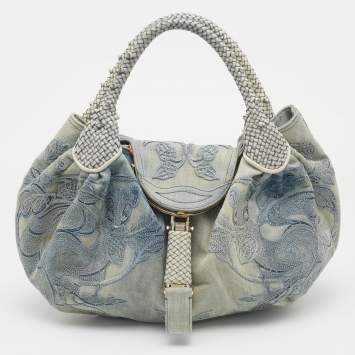 Pre Owned Fendi Light Blue Denim Embroidered Squirrel Spy Bag