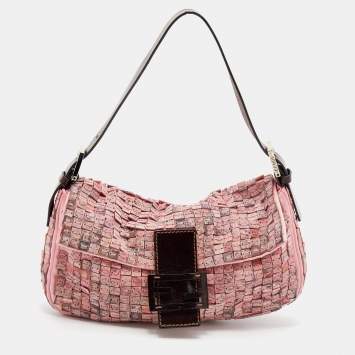 Pre Owned Fendi Pink Satin And Leather Beaded Baguette 