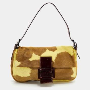 Pre Owned Fendi Brown/Yellow Calf Hair and Leather Flap Baguette