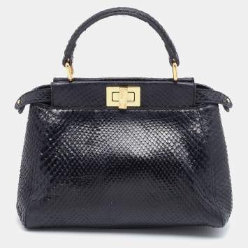 Pre Owned Fendi Black Python Mini Peekaboo Top Handle Bag