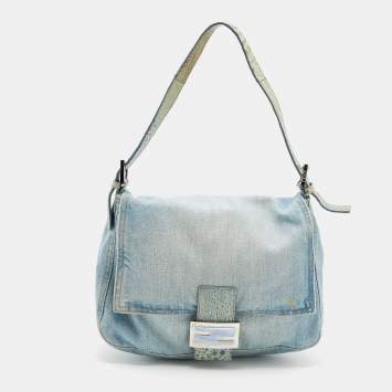 Pre Owned Fendi Blue Denim And Ostrich Leather Mama Forever Baguette Bag