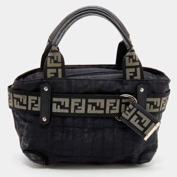 Pre Owned Fendi Black Zucca Fabric And Leather Zip Code Shoulder Bag