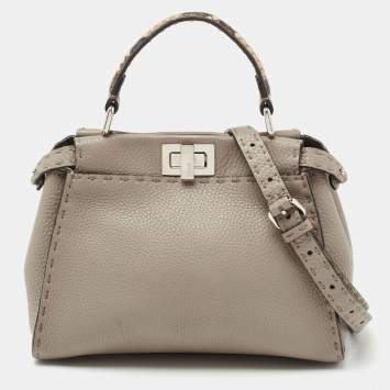 Pre Owned Fendi Beige Selleria Leather and Python Mini Peekaboo Top Handle Bag
