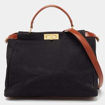 Pre Owned Fendi Beige/Black Canvas and Leather Large Peekaboo Top Handle Bag