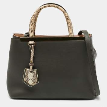 Pre Owned Fendi Olive Green/Beige Leather And Python Small 2Jours Tote
